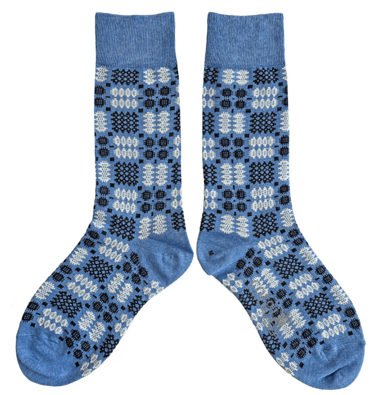 Welsh Tapestry Blanket Pattern Socks in Chambray Blue
